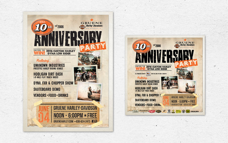 Gruene Harley-Davidson 10-Year Anniversary Party poster and social media graphics.